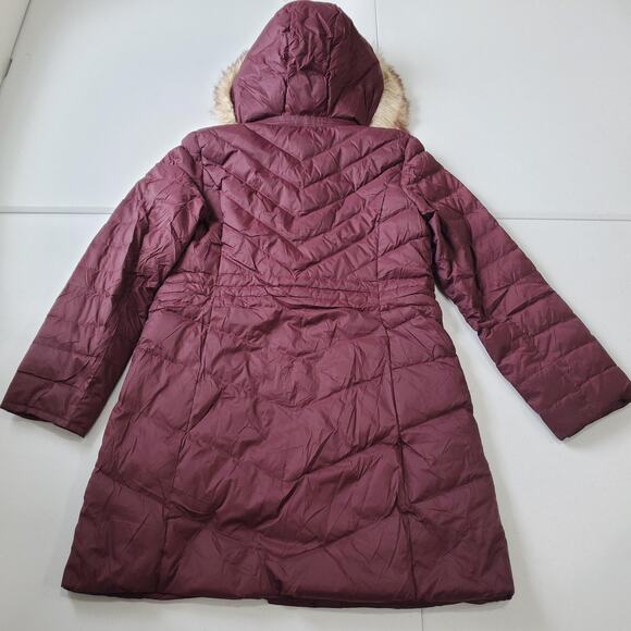 Talbots Coat Womens Small Petite Burgundy Down Puffer Quilted Hood Faux Fur Trim - Picture 2 of 10